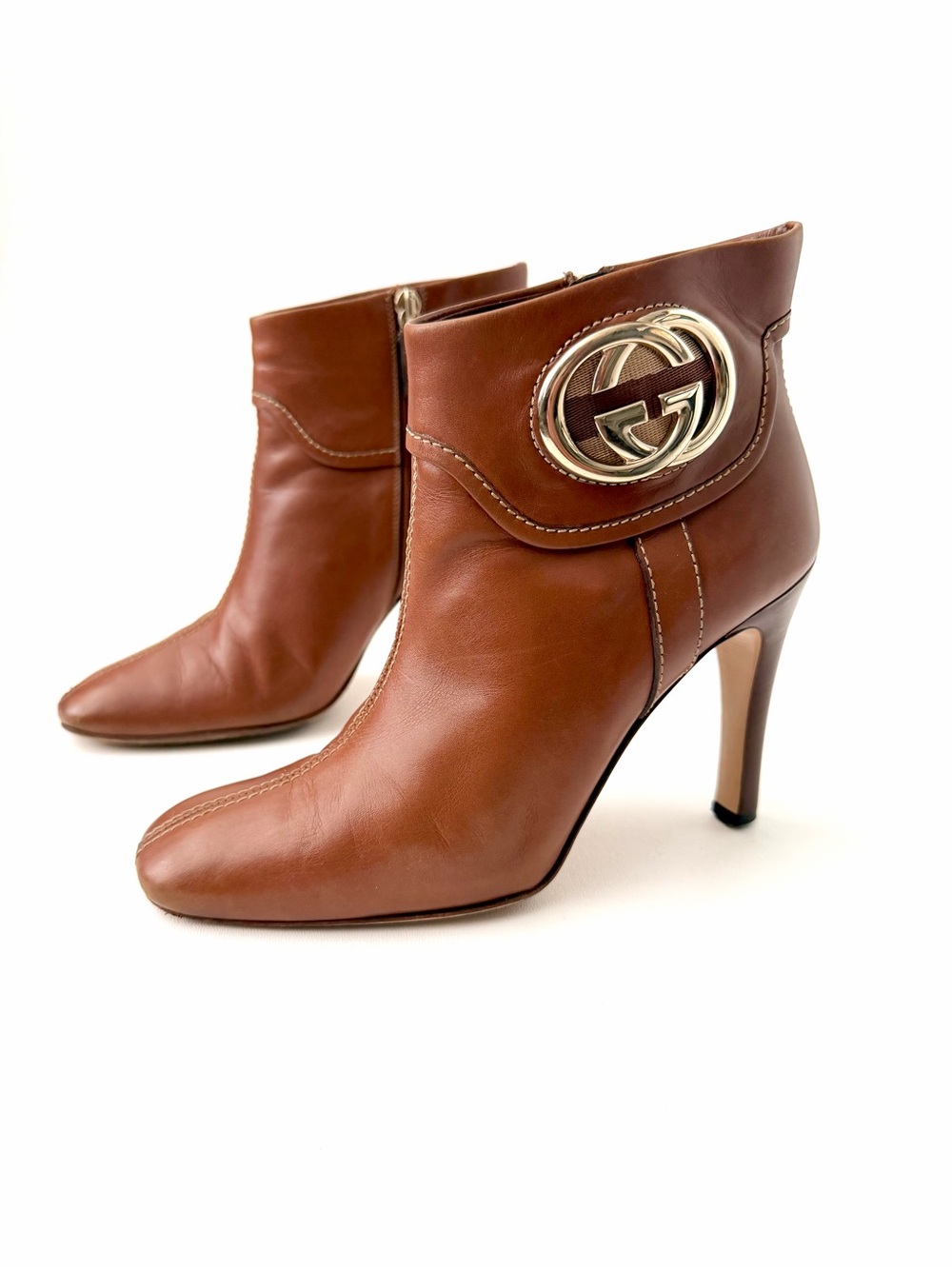 GUCCI | Interlocking GG Logo Leather Ankle Boots Booties Cognac Brown EU 36